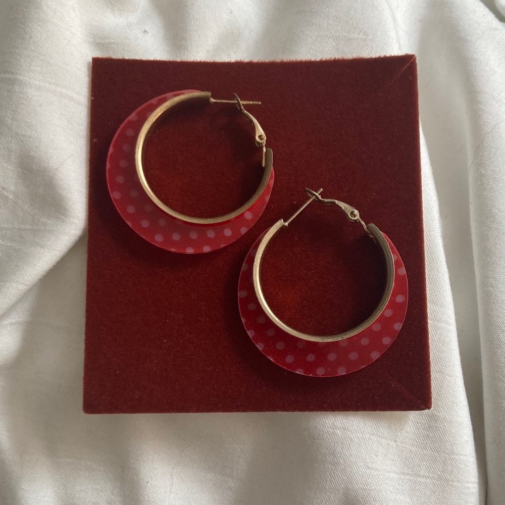 Unbranded Hoop Earrings Women OS Red Polka Dot Retro Acrylic Gold Tone Hoops